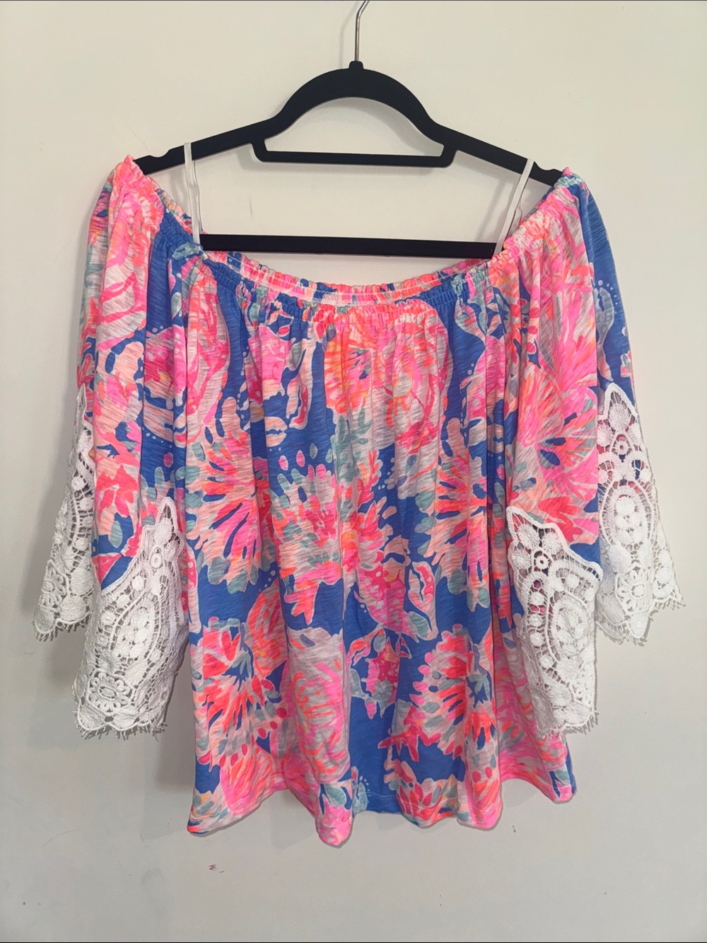 Lilly Pulitzer Pink & Blue Floral Off-Shoulder Lace-Sleeve Blouse